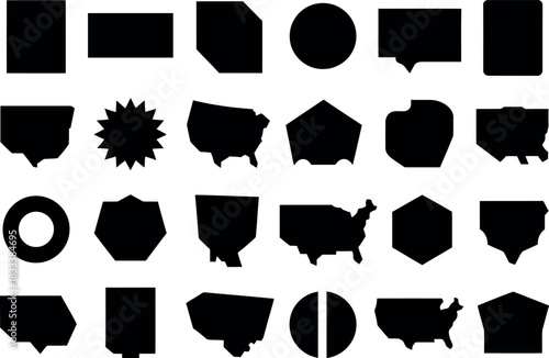 Black geometric shapes on a white background in various forms