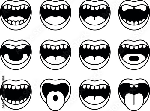 Cartoon mouth expressions in black and white open mouth collection