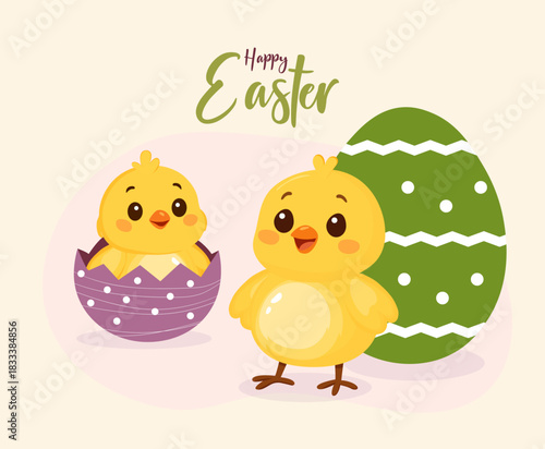 Vector illustration of a painted Easter egg. Decorative Easter eggs. Happy Easter chicks.