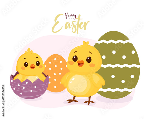 Vector illustration of a painted Easter egg. Decorative Easter eggs. Happy Easter chicks.