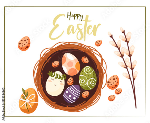Vector illustration of a painted Easter egg. Decorative Easter eggs. Painted eggs in a nest, in a basket.