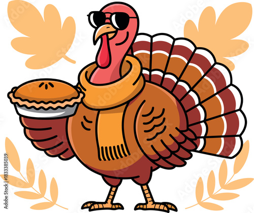 Cool Cartoon Turkey with Pie Thanksgiving Celebration Illustration Festive Spirit
