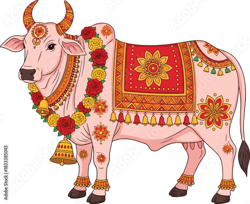 Traditional Indian Holy Cow Vector Illustration, Featuring Detailed Decorative Clothes, Festive Flower Garland, Bells, and Ornamental Cloth for Hindu Religious Festival Design