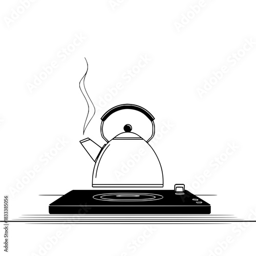 A kettle with steam coming out of its spout sitting on a black induction cooktop in a minimalist style
