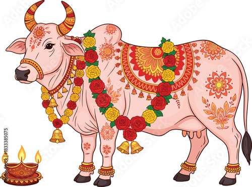 raditional Indian Holy Cow Vector Illustration, Featuring Detailed Decorative Clothes, Festive Flower Garland, Bells, and Diya Oil Lamps for Hindu Religious Festival Design