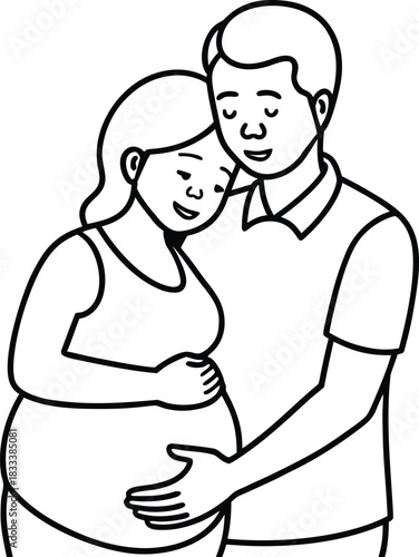 Pregnancy couple embracing with hands on a pregnant belly outline Vector
