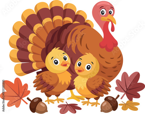 Cute Thanksgiving Turkey Family Illustration with Chicks and Autumn Leaves