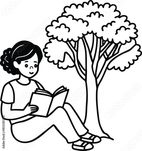 Reading a book by a tree, enjoying quiet study time outdoors. Vector