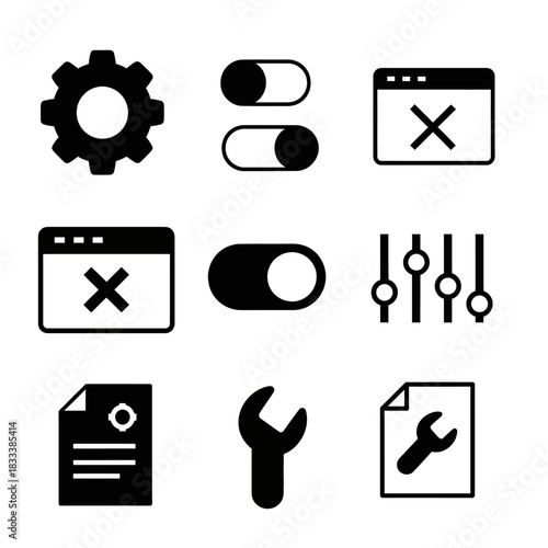 A versatile collection of black glyph icons for settings and user interface controls.