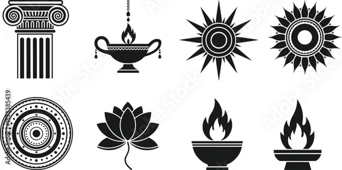 Ancient Indian and Hindu Spirituality Icon Set, Featuring Traditional Oil Lamp, Decorative Mandala, Lotus Flower, Temple Column, and Ritual Flame Vector Graphics