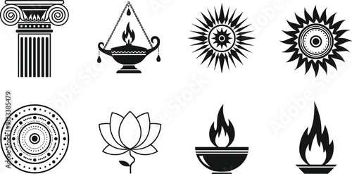 Ancient Indian and Hindu Religious Icon Set, Featuring Lotus Flower, Ionic Column Pillar, Traditional Oil Lamp, Decorative Mandala, and Sunburst Flame Vector Graphics
