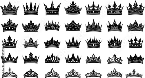 Royal Crown and King Queen Tiara Silhouette Vector Set, Featuring Majestic Ornaments, Imperial Monarchy Symbols, and Luxury Royalty Headwear Graphics Collection