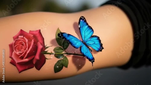 Realistic tattoo of a rose on an arm with a butterfly landing nearby, showcasing beauty and art

