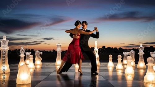 Tango dancers in love enjoying a romantic evening on a chessboard with illuminated pieces at sunset