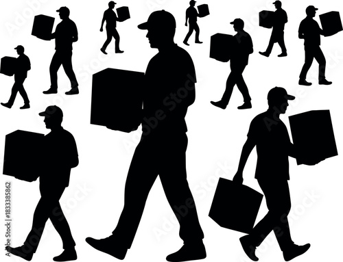 Silhouette of delivery people carrying boxes on white background