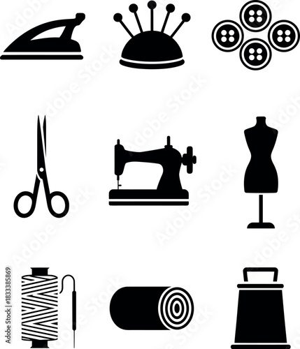 Sewing tools icons set black silhouettes for fashion and craft