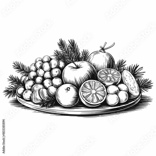 Black and white drawing of a fruit platter with pine branches and ornaments Keywords: fruit, platter, pine, branches, ornaments, grapes, apple, orange, berries, cucumber, drawing, sketch