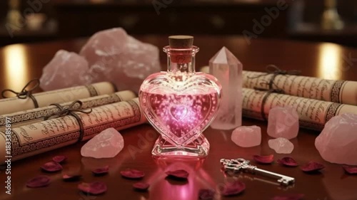 Bubbling magical liquid in a heart-shaped bottle surrounded by scrolls and crystals, creating an enchanting atmosphere
