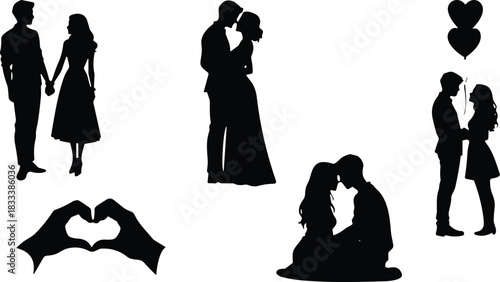 Romantic Love and Affection Silhouette Vector Set, Featuring Engaged Couples Hugging, Kissing, Heart Hands Symbol, and Dating Relationship Graphics for Design