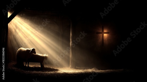 Light shines upon a humble manger scene with sheep and a cross at night