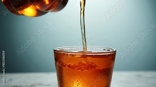 Refreshing iced tea is poured from a glass carafe into a clear glass for a cool summer drink, perfect for beating the heat and staying refreshed