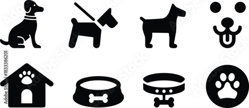 Pet Dog and Animal Care Icon Set, Featuring Silhouette of Sitting Dog, Leash, Paw Print, Kennel House, Collar, and Food Bowl Vector Graphics