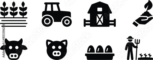 Farming, Agriculture, and Rural Life Icon Set, Featuring Crops, Tractor, Barn, Livestock, Eggs, and Farmer Silhouette Vector Graphics Collection