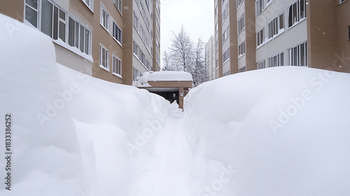 A snow-covered walkway leads to an apartment building entrance, buried in a thick layer of snow following a blizzard, winter city scene, and frozen landscape.