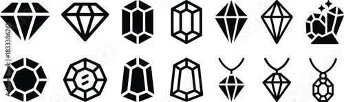Diamond, Gemstone, and Jewelry Icon Set, Featuring Various Cut Styles, Precious Stones, Engagement Ring Pendants, and Luxury Wealth Symbols Vector Collection