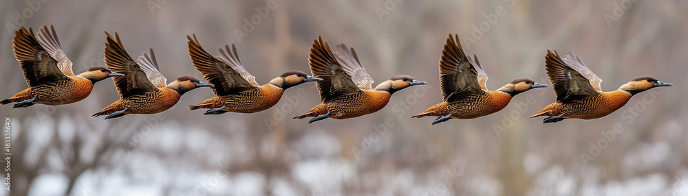 Naklejka premium Flock flying in perfect formation, brown and black birds with long necks, synchronized wings, natural outdoor setting, teamwork and unity in motion