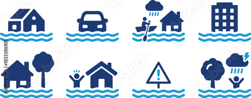 Flood Disaster and Water Damage Icon Set, Including Submerged Homes, Cars, People Evacuating, and Weather Warning Signs Vector Collection