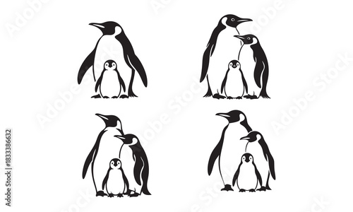 Penguin family groupings in black and white silhouette style silhouette