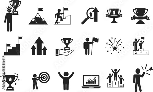 Achievement icons set, success symbols, trophy, podium, goal completion, leadership, motivation,Achievement icons set, success symbols, trophy, podium, goal completion, leadership, motivation,