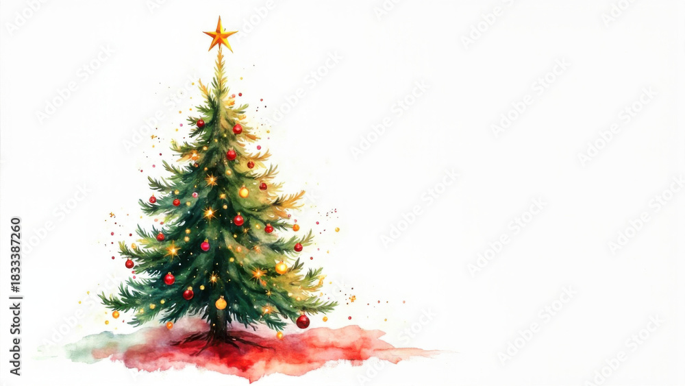 Obraz premium Watercolor Christmas tree illustration with ornaments and a golden star