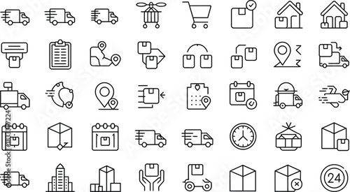Delivery and logistics service icons with trucks, boxes, calendars, and maps vector illustration