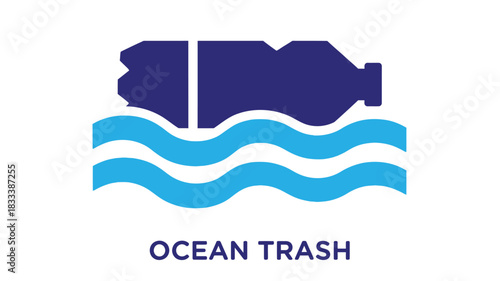 A blue illustration depicts a plastic bottle floating amidst stylized ocean waves and text