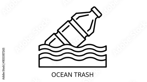 A simple line drawing depicts a plastic bottle floating within ocean waves labeled ocean trash