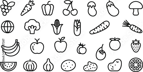 Outline icons of various fruits and vegetables including apples, bananas, carrots, and tomatoes