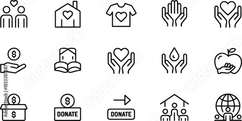 Set of Charity and Donation Icons with People House Heart and Money Symbols giving help