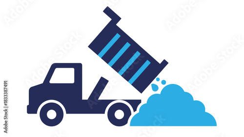 A simple blue icon depicts a dump truck unloading material showing construction or transport