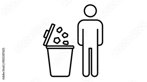 simple line drawing of a person discarding waste into a trash bin vector icon