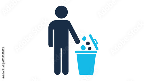 A simple blue icon depicts a person discarding waste into a recycling bin
