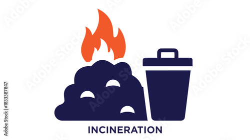 A stylized illustration depicts a burning pile of waste next to a trash can