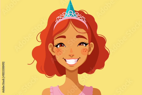 Smiling girl with unicorn party headband, cute flat illustration in bright pastel colors, joyful children birthday celebration and fantasy dress up concept on yellow background with copy space