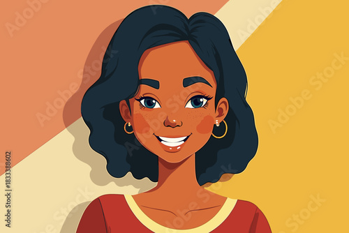Confident young woman portrait, minimalist flat illustration in warm retro colors, celebrating natural beauty, freckles and vitiligo diversity on geometric background with copy space