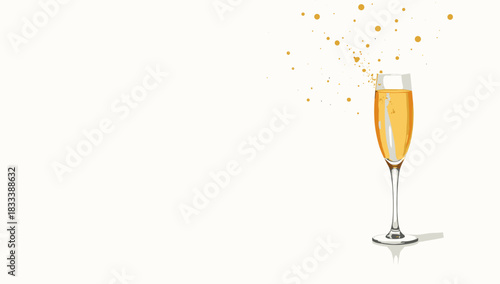 Minimal champagne glass closeup on clean white space with golden sparkling splash for celebration concept