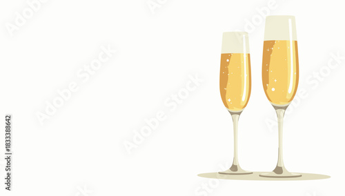 Two champagne glasses closeup with bright golden foam on clean white background for celebration concept