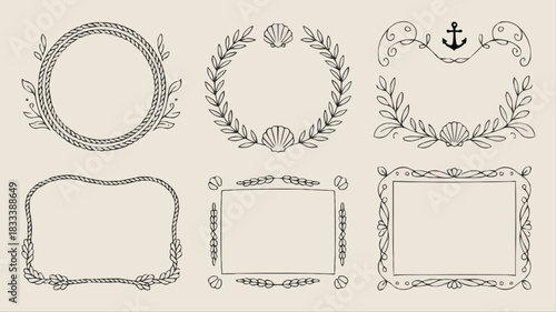 Elegant nautical hand drawn borders and frames, perfect for coastal designs, invitations, and beach themed projects with a vintage, rustic charm