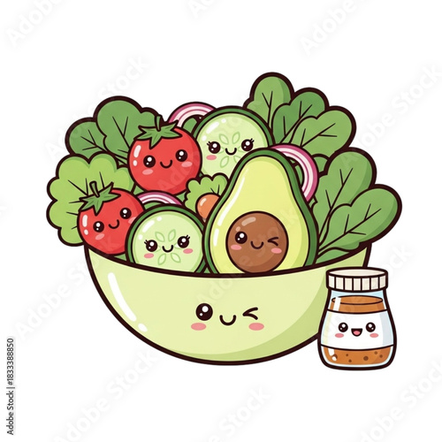 Delightful cartoon salad bowl featuring avocado, tomatoes, cucumbers, red onion and dressing, promoting healthy eating and vibrant lifestyle choices