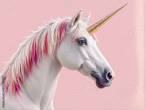 Majestic White Unicorn with Golden Horn and Pink Mane on Soft Pink